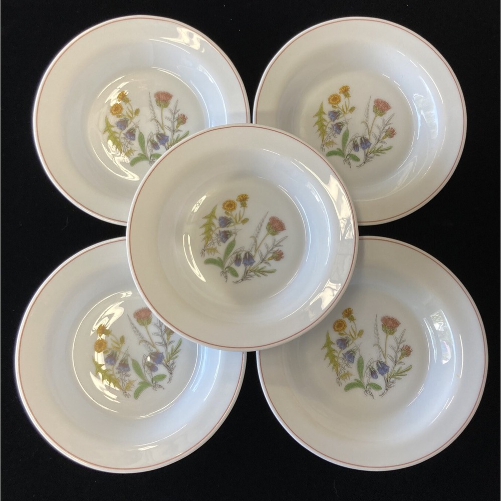5 Vintage Arc-opal Soup Bowls Wildflowers Milk Glass Rimmed Blue Pink Yellow